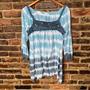 NWT RXB Blue Tie Dye Crochet Embroidered Long Sleeve Top Women's Size Small
